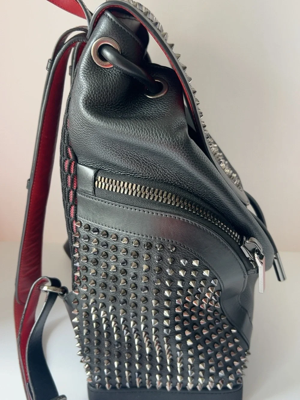 Christian Louboutin SPIKED EXPLORAFUNK Black Leather Studded Backpack Red